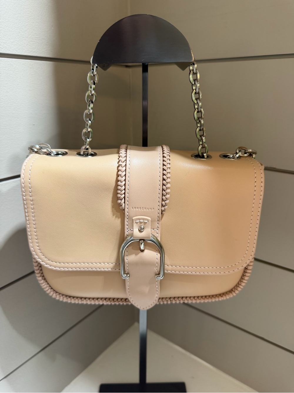 Longchamp Nude Beige Leather Shoulder Bag with Silver Chain